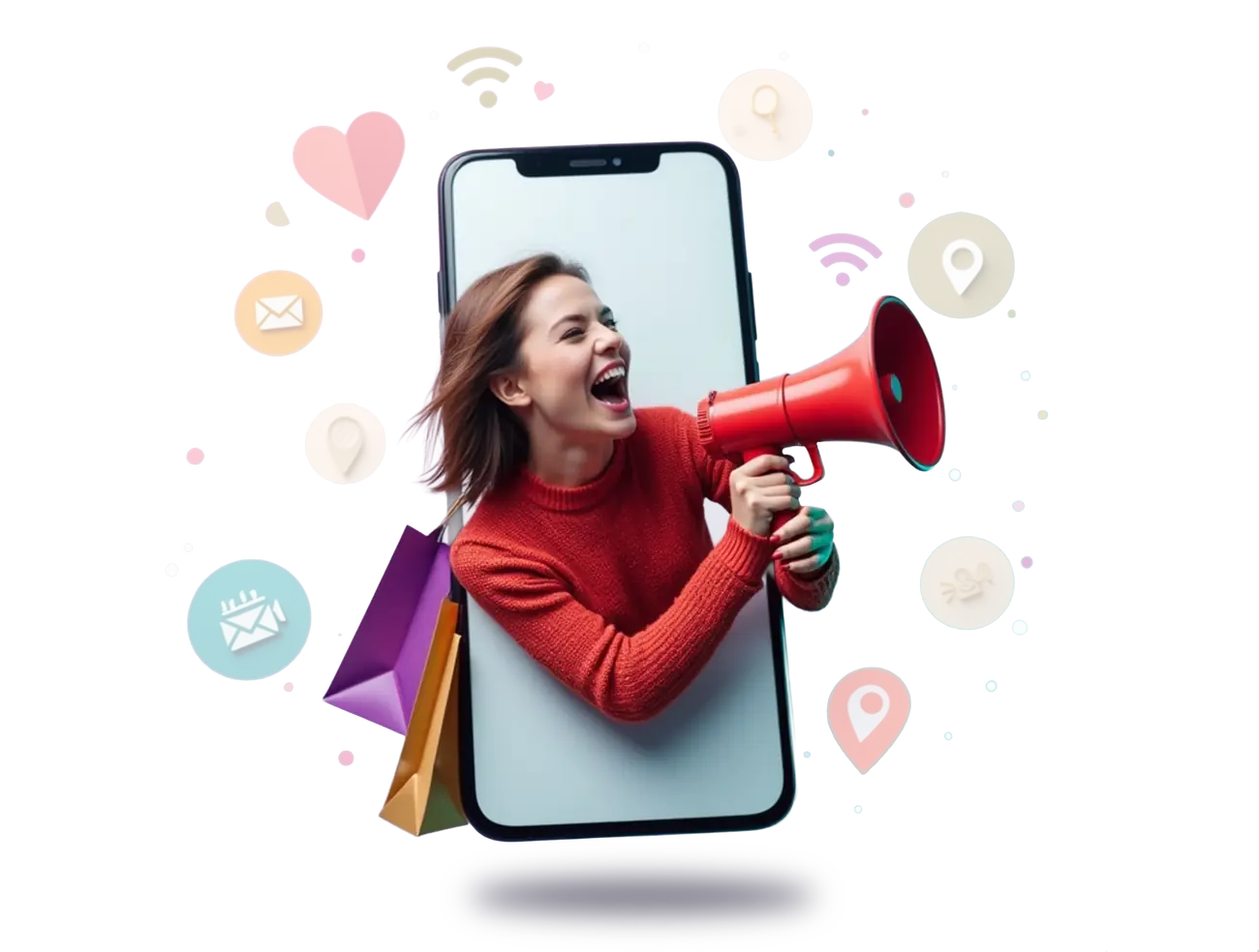 Mujer con megáfono saliendo de un celular rodeada de redes sociales